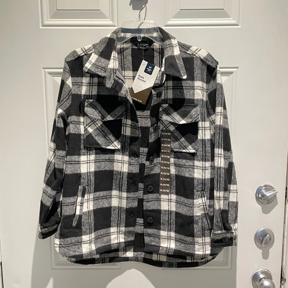 Member's Mark Black White Buffalo Plaid Fleece Shacket Size Youth XL (14/16)